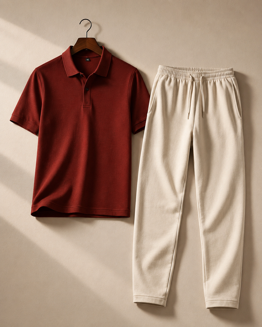 ZENOR Crimson Sand Premium Co-Ord Set for Men featuring Brick Red Polo T-Shirt and Off White Sweatpants – Luxury Casual Wear