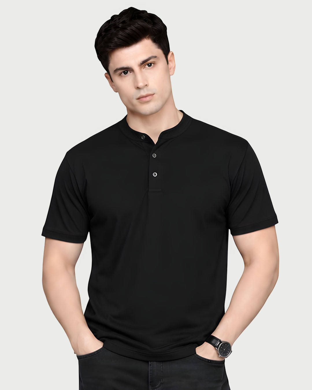 ZENOR Signature Henley T-Shirt in Black – Premium Cotton Henley T-Shirt for Men