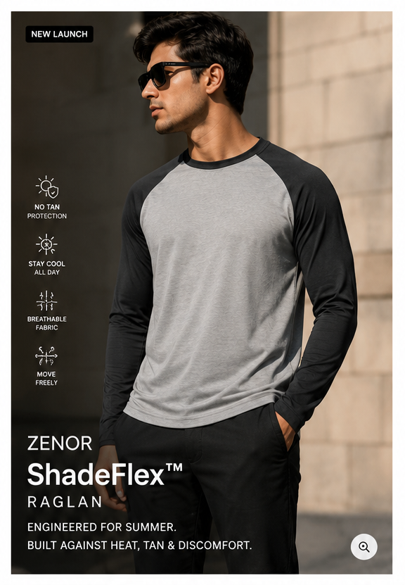 ZENOR ShadeFlex premium full sleeve raglan t shirt for men made with 180 GSM cotton in regular fit for summer comfort