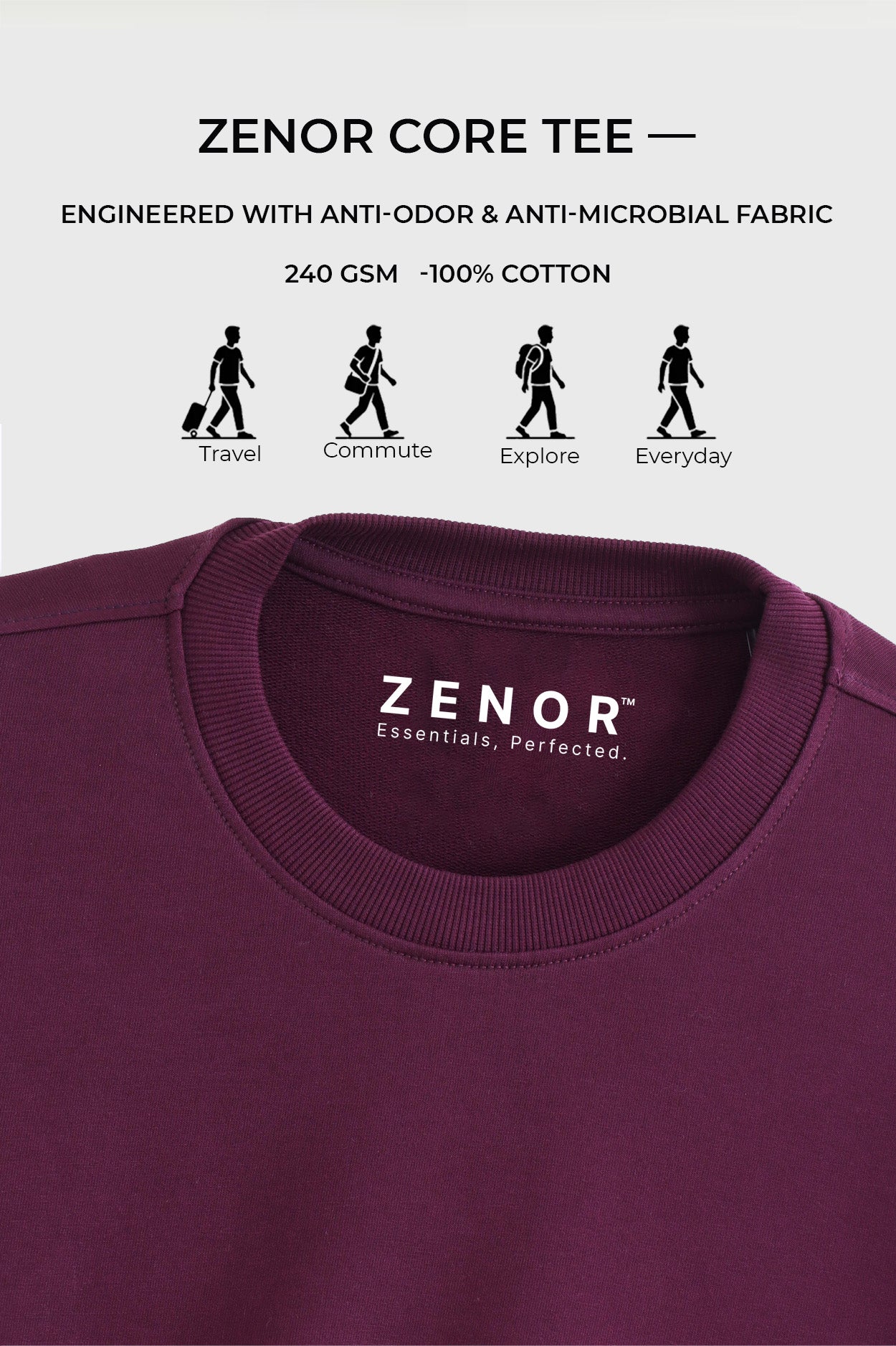 ZENOR Core Tee Wine oversized fit t-shirt side view 240 GSM cotton men premium